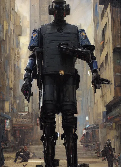 Image similar to Menacing Cyberpunk policeman towering with robotic stilt legs and militarized gear. (dystopian, police state, Cyberpunk 2077, bladerunner 2049). Iranian orientalist portrait by john william waterhouse and Edwin Longsden Long and Theodore Ralli and Nasreddine Dinet, oil on canvas. Cinematic, vivid colors, hyper realism, realistic proportions, dramatic lighting, high detail 4k