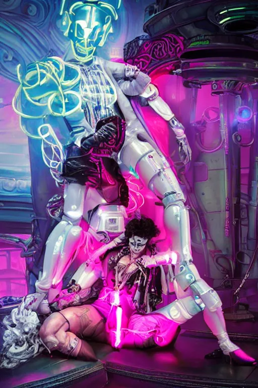 Image similar to full-body rococo and cyberpunk style neon statue of a muscular attractive Zayn Malik macho dotado e rico android sim roupa reclining con las piernas abertas e la piroca dura, glowing white laser eyes, prince crown of pink gears, diamonds, swirling silver-colored silk fabric. futuristic elements. full-length view. space robots. human skulls. intricate artwork by caravaggio. Trending on artstation, octane render, cinematic lighting from the right, hyper realism, octane render, 8k, depth of field, 3D