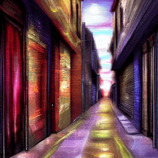 Image similar to Happiness in a dark city alley, digital art