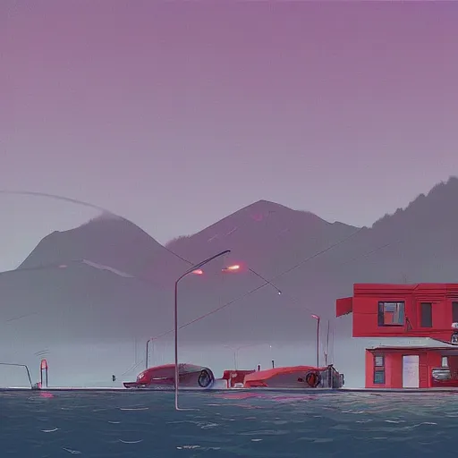 Image similar to yachting club by simon stalenhag