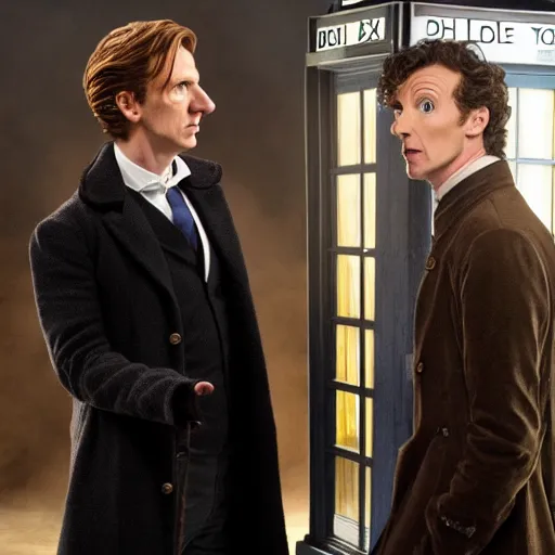 Prompt: the 1 1 th doctor from doctor who meeting sherlock holmes from sherlock in the tardis of the 1 1 th doctor