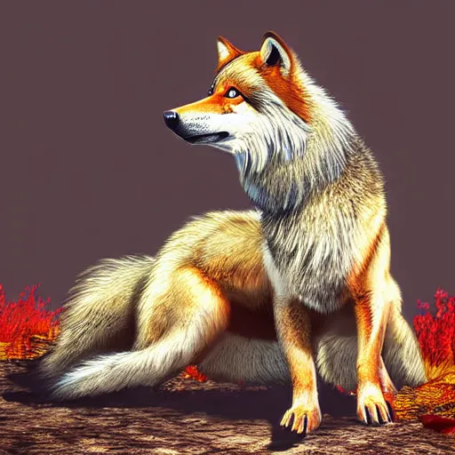 Image similar to professional digital art of a side profile of a tibetan wolf, tan and brown fur, fluffy, autumn, hd, 8 k, highly detailed, high quality, cute