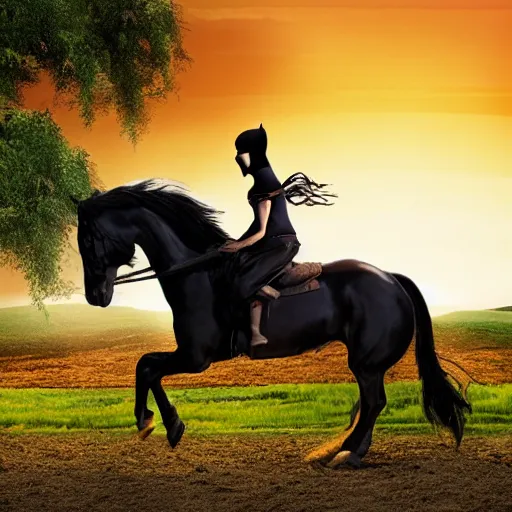 Prompt: ninja riding a horse toward sunset