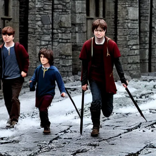 Prompt: daniel radcliffe as harry potter walking to mordor