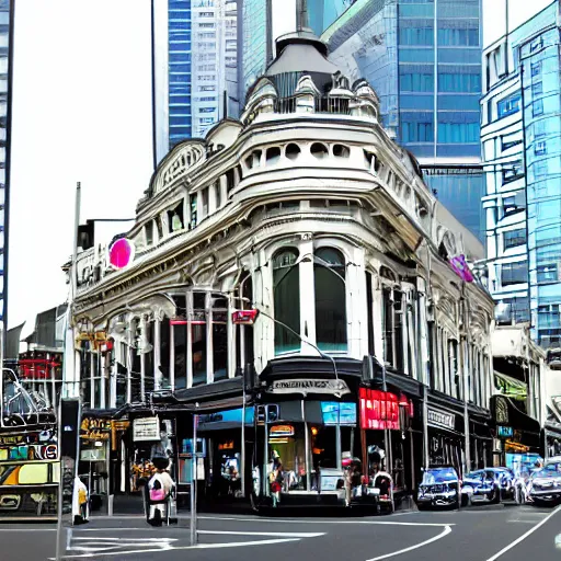 Prompt: auckland city queen street, kiwiana digital art