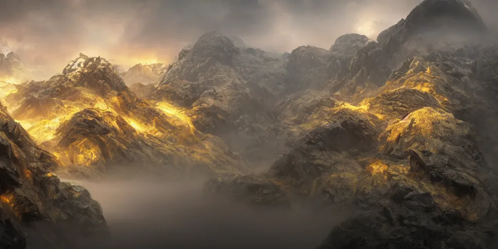 Prompt: a mountainous landscape full of active vulcanoes and a yellow fog and with a yellow cloudy sky, hyperrealistic, concept art, octane render, unreal engine 5, trending on deviantart, venus surface, path traced, no life, dramatic lighting, low contrast, trending on artstation, high quality, highly detailed, 8 k, cinematic, high coherence