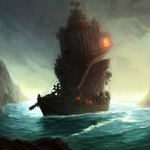 Image similar to D&D adventuring party facing away on cliff overlooking half-sunk realistic ship, naval background, portrait, magic the gathering artwork, D&D, fantasy, cinematic lighting, centered, symmetrical, highly detailed, digital painting, artstation, concept art, smooth, sharp focus, illustration, volumetric lighting, epic Composition, 8k, art by Akihiko Yoshida and Greg Rutkowski and Craig Mullins, oil painting, cgsociety