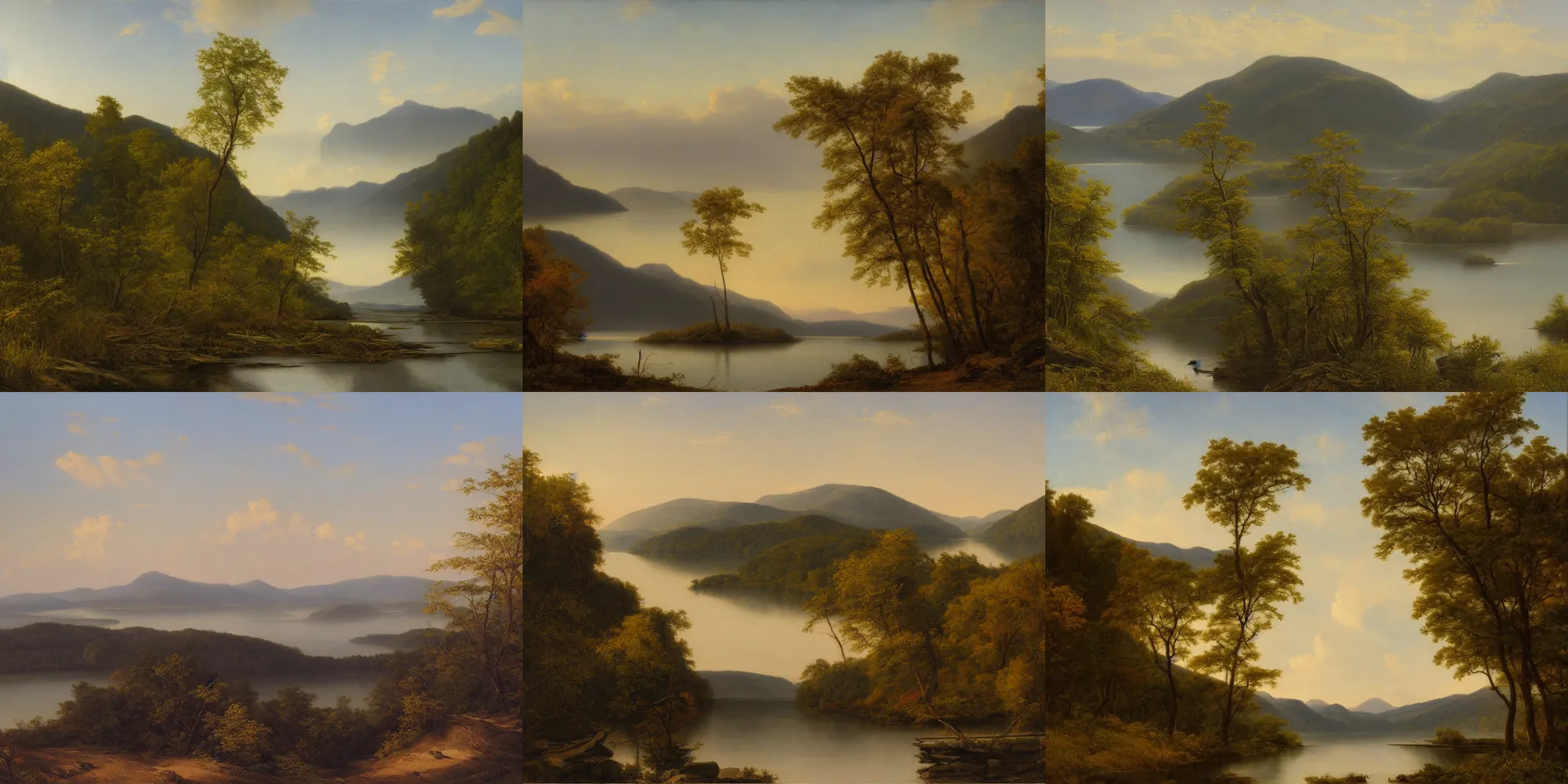 Prompt: hudson river school painting, naturalism, great river, Phragmites, steep mountains on the left, idyll, epic, 4k
