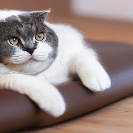 Image similar to a scottish fold cat laying back relaxing, dreaming of infinity, elegant color palette