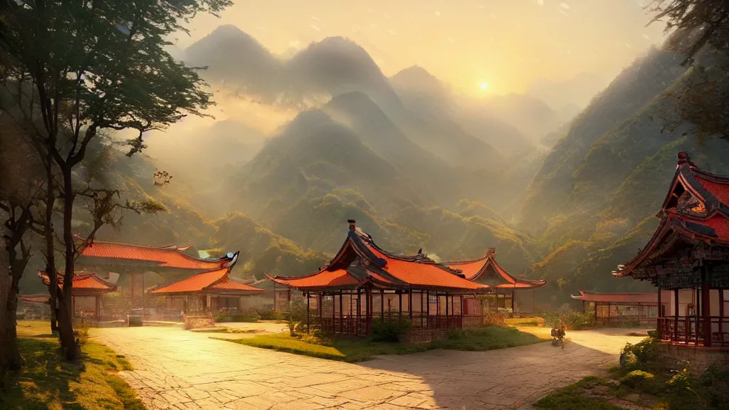 Prompt: a beautiful painting of a rural post office ， satches of farmland and short mountains, chinese style, early morning ， by greg rutkowski and thomas kinkade, trending on artstation