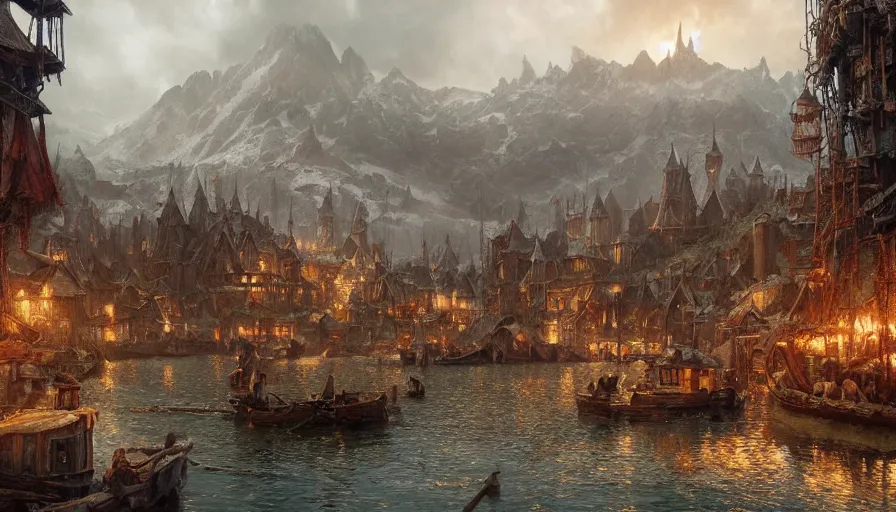 Image similar to a beautiful photo realistic still image of laketown from the movie the hobbit, warm colors, very high details by greg rutkowski, trending on artstation, masterpiece,