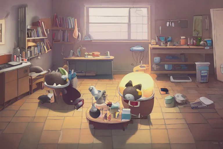 Prompt: colorkey, Daisuke Tsutsumi, Robert Kondo, cute fluffy badgers washing dishes, underground in a hovel, fish eye lens,kitchen table, comfy chairs, cosy fireplace, clutter everywhere, stack of books on side table, close up shot, Pixar and Disney animation, rug on floor by fireplace, family framed on the wall, cosy