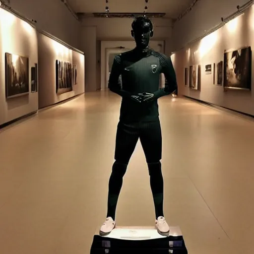 Image similar to “ a realistic detailed photo of a guy who is an attractive humanoid who is half robot and half humanoid, who is a male android, soccer player antoine griezmann, shiny skin, posing like a statue, blank stare, at the museum, on display ”