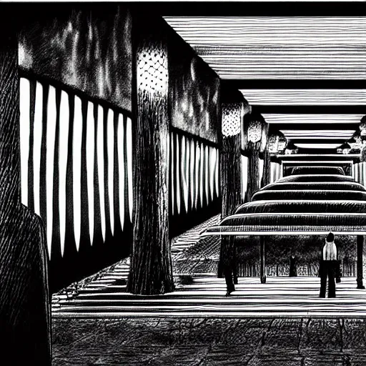 Prompt: dark city bus stop, by junji ito,black and white, very detailed, ArtStation