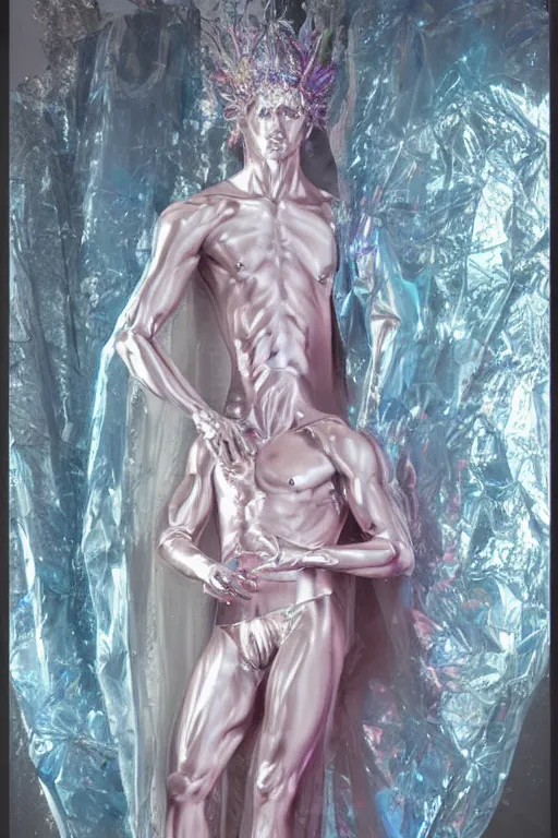 Prompt: full-body rococo and cyberpunk delicate crystalline sculpture of a muscular iridescent (((slender Spanish male))) as a humanoid deity wearing a thin see-through ((plastic hooded cloak)) sim roupa, reclining con (las piernas abiertas), glowing pink face, crown of (((white lasers))), large diamonds, swirling black silk fabric. futuristic elements. oozing glowing liquid, full-length view. space robots. human skulls. throne made of bones, intricate artwork by caravaggio. Trending on artstation, octane render, cinematic lighting from the right, hyper realism, octane render, 8k, depth of field, 3D