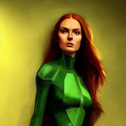 Image similar to full body portrait of jean grey, symetry, perfect face, green eyes, intricate, detailed, volumetric lighting, scenery, digital painting, highly detailed, artstation, sharp focus, illustration, concept art, ruan jia, steve mccurry