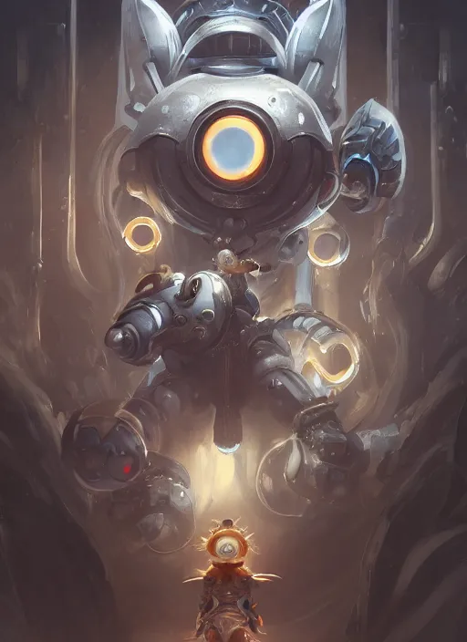 Prompt: a highly detailed illustration of silver gear mechanical giant, with big glowing cute eyes, gentle calm sitting pose, intricate, elegant, highly detailed, centered, digital painting, artstation, concept art, smooth, sharp focus, league of legends concept art, WLOP