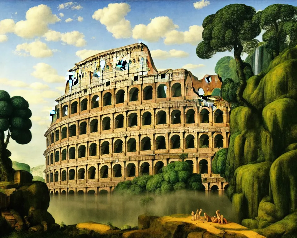 Prompt: an achingly beautiful print of the Colosseum in a jungle clearing with a cascading waterfall in the distance by Raphael, Hopper, and Rene Magritte. detailed, romantic, enchanting, trending on artstation.