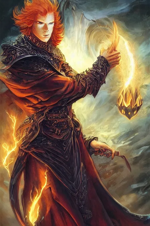 Prompt: young male redhead Spellcaster standing, holding a spell book glowing, D&D dark fantasy style, sharp focus, ultra detailed, art by Artgerm and Peter Andrew Jones, Karol Bak, Ayami Kojima, Amano and Olivier Ledroit