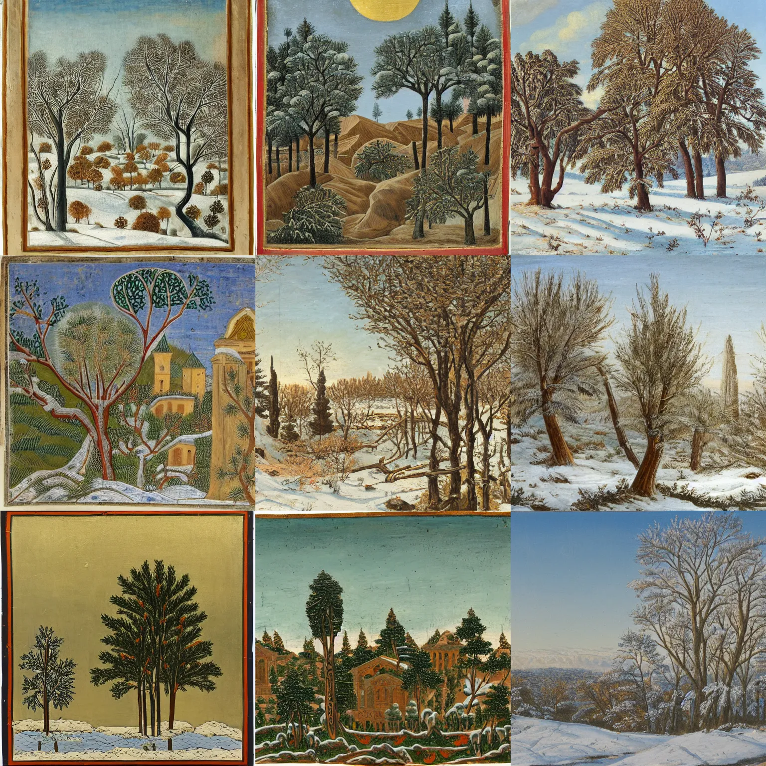 Prompt: a winter landscape with shrubs and trees on a clear day, in byzantine style