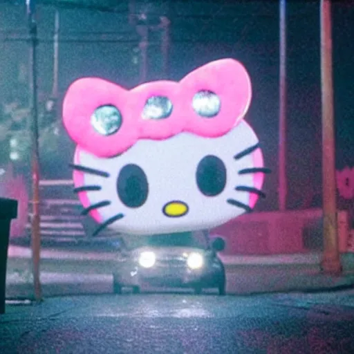 Prompt: film still of a monstrous creature shaped like a hello kitty crawling on an empty street beneath a lamp, grainy, horror movie, creepy, eerie, dark, great cinematography, amazing lighting, old, found footage, grainy, directed by scott derrickson