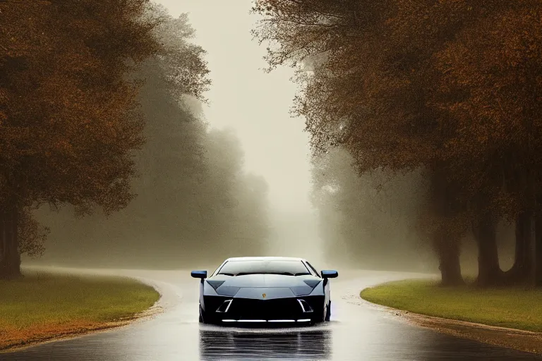 Image similar to a landscape photograph of a lamborghini aventador driving through a vast serene landscape on a rainy day, river, trees, beautiful lighting, by lee madgwick