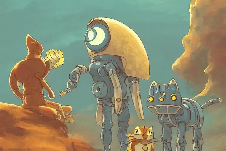 Image similar to A cell animation of a robot and a cat, Nausicaa of the Valley of the Wind, Miyazaki Hayao, ghibli style, illustration, azure tones, vintage colors, anime, trending on artstation