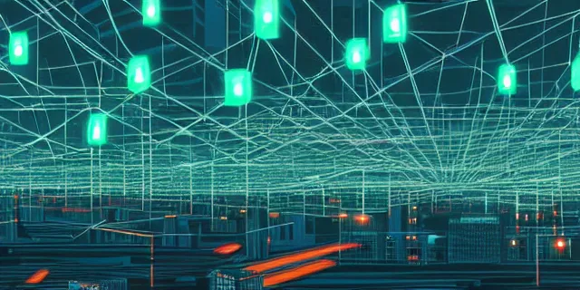 Image similar to glowing chains of interconnected network of technological cubes floating in the middle of a cyberpunk tokyo 2 0 9 9 city, in the art style of dan mumford and marc simonetii