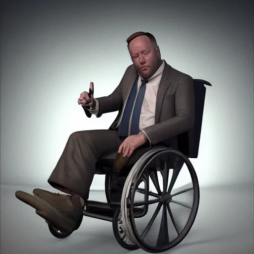 Prompt: hyperrealistic mixed media image of info wars alex jones in a wheelchair at a museum, stunning 3 d render inspired art by xiang duan and thomas eakes and greg rutkowski, perfect facial symmetry, hyper realistic texture, realistic, highly detailed attributes and atmosphere, dim volumetric cinematic lighting, 8 k octane detailed render, post - processing, masterpiece,