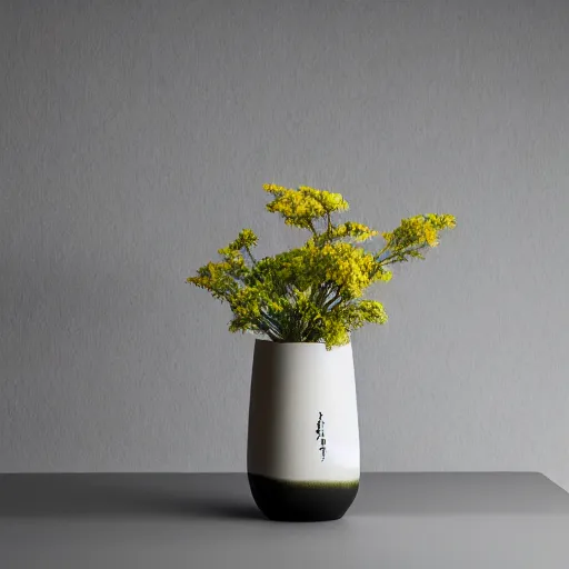 Image similar to a photo of 8k Ikebana in flower vase, ikenobo, ohararyu, sougetsu, wide angle, full body, sony a7r3, ultra detail, photorealistic, in simple background