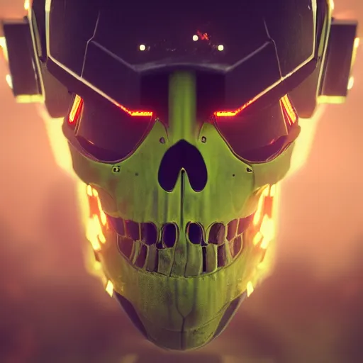 Prompt: Beautiful digital art of a lime coloured skull shaped destroyer robot looking at the camera, 4K Ultra HD, dramatic lightning, trending on artstation, high detail, Octane render