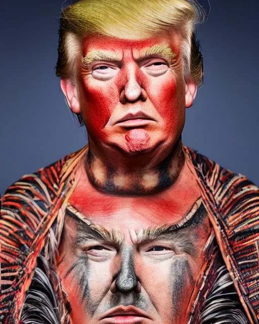 Prompt: a medium shot portrait photograph of donald trump wearing ancient tribal face paint, dslr photography