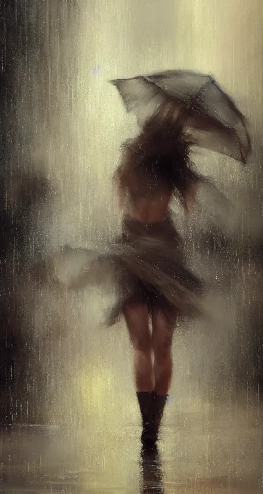 Image similar to painting of a beautiful girl, dancing in the rain, by Jeremy Mann and Jason Jenicke, 70mm, cinematic, highly detailed, stylized, loose brush strokes, intricate, realistic, exaggerated lighting, dramatic lighting, sense of scale, sense of movement, sensual