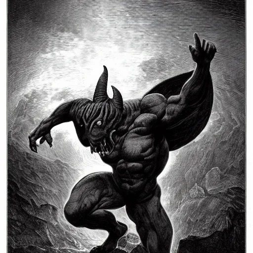 Image similar to full body, grayscale, Gustave Dore, muscled humanoid balrog beast, horns, heroic pose, swirling flames