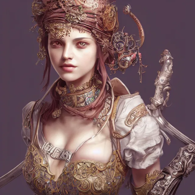 Image similar to studio portrait of neutral good colorful female cleric bard healer as absurdly beautiful, elegant, young sensual pretty woman, ultrafine hyperrealistic detailed face illustration by kim jung gi, irakli nadar, intricate linework, sharp focus, bright colors, matte, octopath traveler, final fantasy, unreal engine highly rendered, global illumination, radiant light, intricate environment