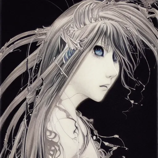 Image similar to Yoshitaka Amano realistic illustration of an anime girl with black eyes, wavy white hair fluttering in the wind and cracks on her face wearing elden ring armor with engraving, abstract black and white patterns on the background, noisy film grain effect, highly detailed, Renaissance oil painting, weird camera angle, blurred lost edges, three quarter view