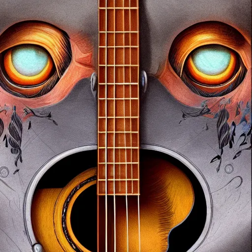 Image similar to eyes, guitar, extremely Highly detailed, Occult, funny, humorous, humor, hilarious, funny, entertaining, magical, trending on artstationHQ, closeup, D&D, intricate, elegant, highly detailed, digital painting, artstation, concept art, matte, sharp focus, illustration