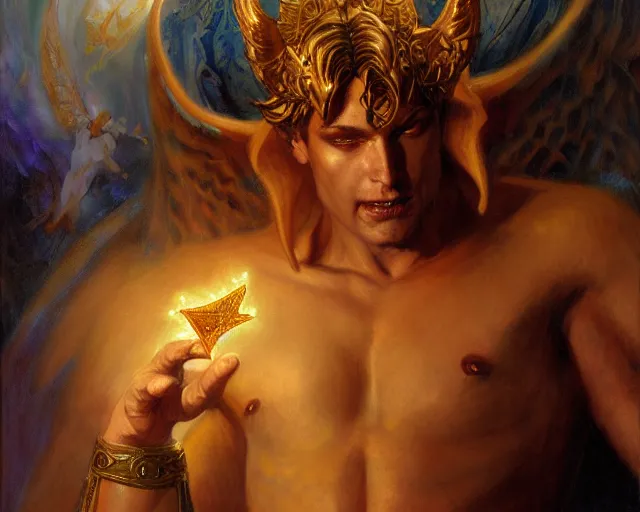 Image similar to attractive male deity, casting demonic magic, summoning handsome lucifer morning star. highly detailed painting by gaston bussiere, craig mullins, j. c. leyendecker 8 k