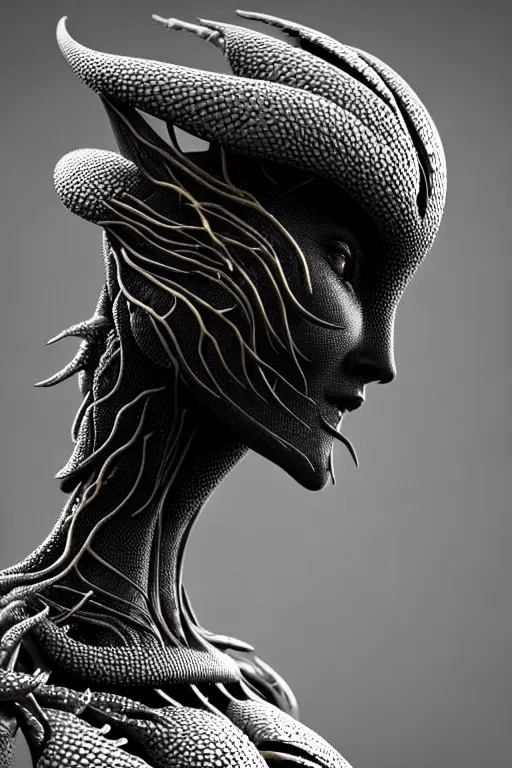 Image similar to bw close - up profile face, black background, beautiful young porcelain vegetal - dragon - cyborg - female, 1 5 0 mm, beautiful natural soft rim light, silver gold details, magnolia leaves and stems, roots, mandelbot fractal, elegant, ultra detailed, white metallic armour, octane render, h. r. giger style