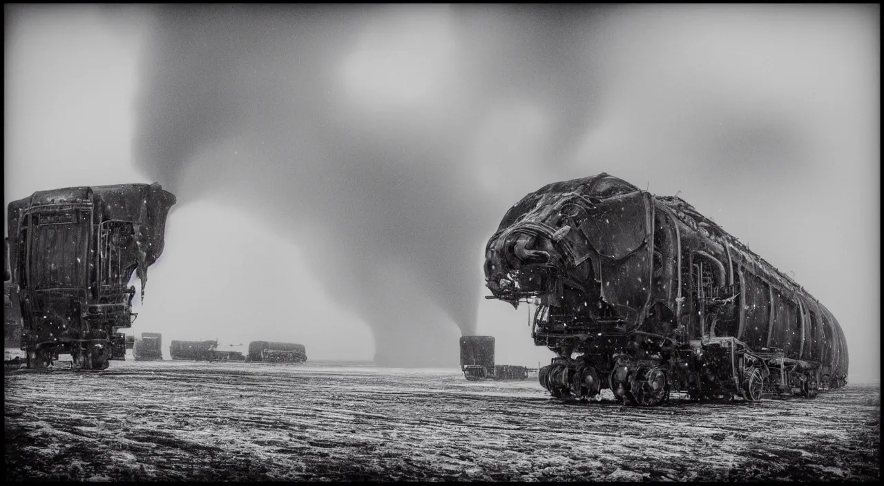 Image similar to “photo of one biomechanical mammoth in an arctic storm with fog and blizzard, the mammoth drags old gigantic coal wagons with snow, it's a sunset photo with cold tones, some people around ”