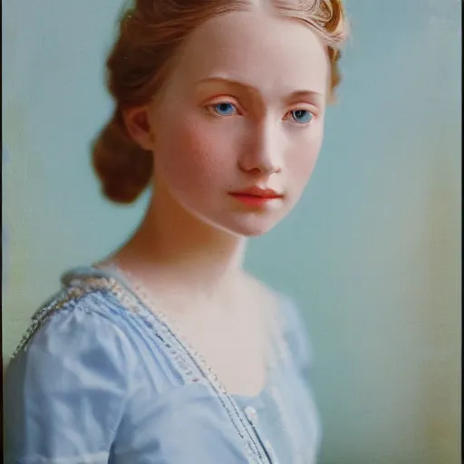 Prompt: portrait of a young lady in a light blue dress 1 9 0 0 s entire face shown in great detail, looking at the camera, full body in camera, blonde hair, garden, photorealistic, extreme detail, sharp focus, 8 k, intricate, hyper detailed, realistic, cinematic lighting