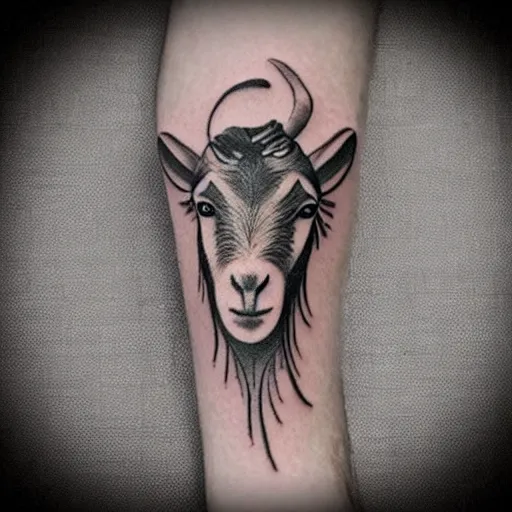 Image similar to a tattoo of a goat. The goat has a stick of dynamite in its mouth