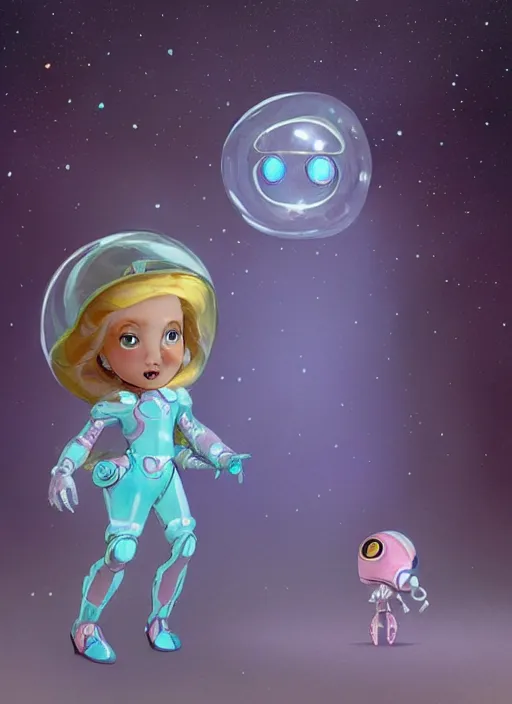 Image similar to beautiful planet cottagecore princess rosalina holding a small robot wearing a scifi jetsuit with bubble helmet by laurie greasley, intricate bioluminescent highly detailed, digital painting, concept art, symmetrical face, octane render unreal engine meta humans, smooth, sharp, focus, illustration, art by artgerm and greg rutkowski and alphonse mucha, artstation