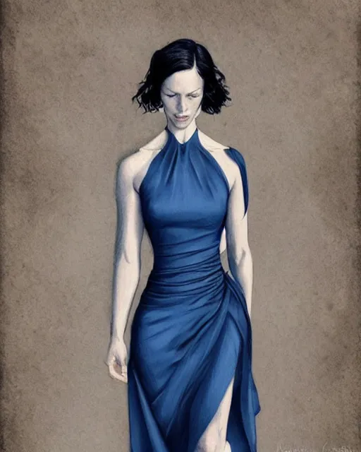 Prompt: in the style of joshua middleton, artgerm, beautiful caitriona balfe, outlander, full body, blue dress, elegant pose, middle shot, spooky, detailed realisitc eyes, detailed realistic eyes, detailed and intricate