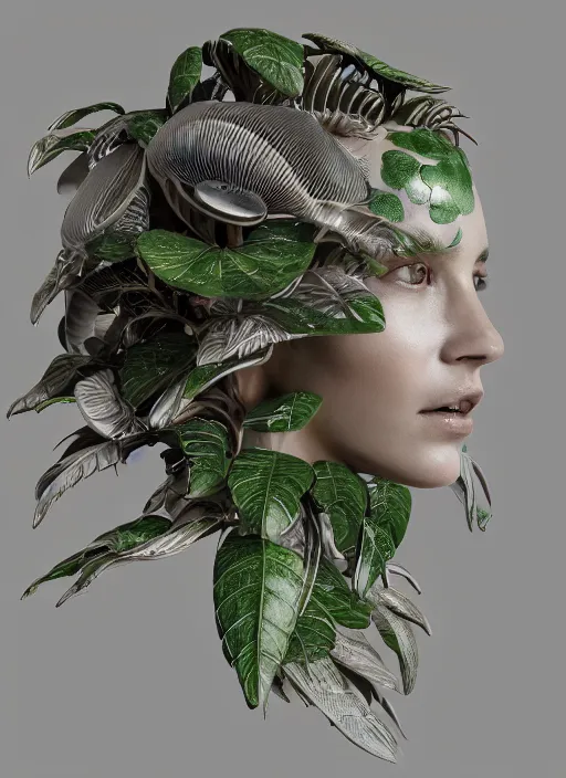 Image similar to complex intricate 3 d render hyper detailed ultra sharp of a cyborg beautiful porcelain woman with big leaves and stems in her hair, overgrown foliage, fungi pores, octane, 8 k,