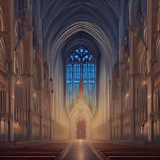 Image similar to A magnificent huge cathedral in a city, realistic, highly detailed, volumetric lighting, digital painting, award winning, trendsetting, illustration, concept art, by Mandy Jurgens and Ricardo Ow