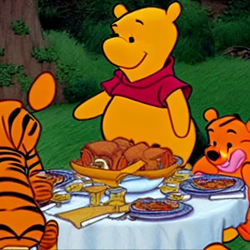 Image similar to Winnie the Pooh invites Tiger and Piglet to dine in a very fancy restaurant.