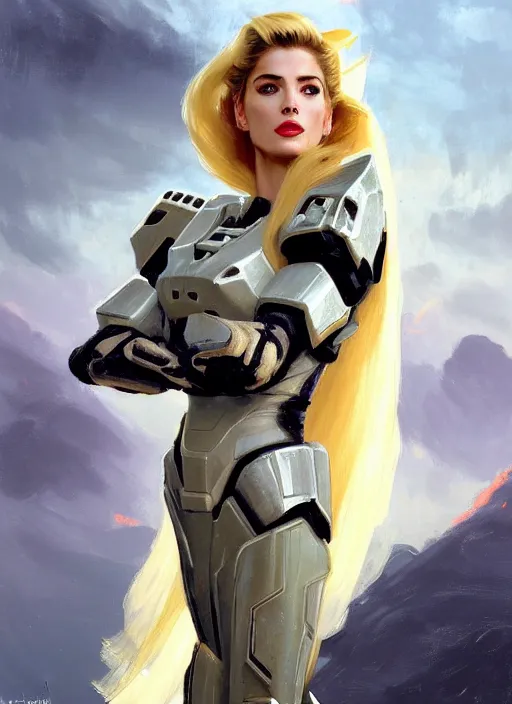 Image similar to A combination of Adriana Dxim's and Grace Kelly's and Ashley Greene's appearances with blonde hair wearing Forerunner armor from Halo, countryside, calm, fantasy character portrait, dynamic pose, above view, sunny day, thunder clouds in the sky, artwork by Jeremy Lipkin and Giuseppe Dangelico Pino and Michael Garmash and Rob Rey and Greg Manchess and Huang Guangjian, very coherent asymmetrical artwork, sharp edges, perfect face, simple form, 100mm