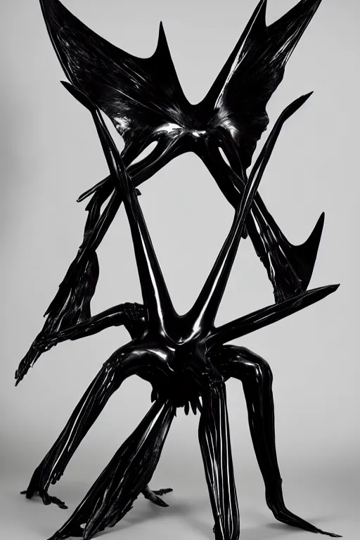 Prompt: ASYMMETRICAL brutalist surreal black-metal winged sculpture made of glossy black liquid latex and industrial hardware, designed by nancy grossman, anish kapoor, herman nitsch, rick owens, helmut lang, sharp organic spidery shapes, 8k, hyperrealistic, hyper-detailed, highly textured, gloss finish, dark volumetric lighting