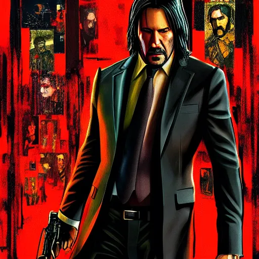 Prompt: john wick takes on the cartel, artstation hall of fame gallery, editors choice, #1 digital painting of all time, most beautiful image ever created, emotionally evocative, greatest art ever made, lifetime achievement magnum opus masterpiece, the most amazing breathtaking image with the deepest message ever painted, a thing of beauty beyond imagination or words, 4k, highly detailed, cinematic lighting